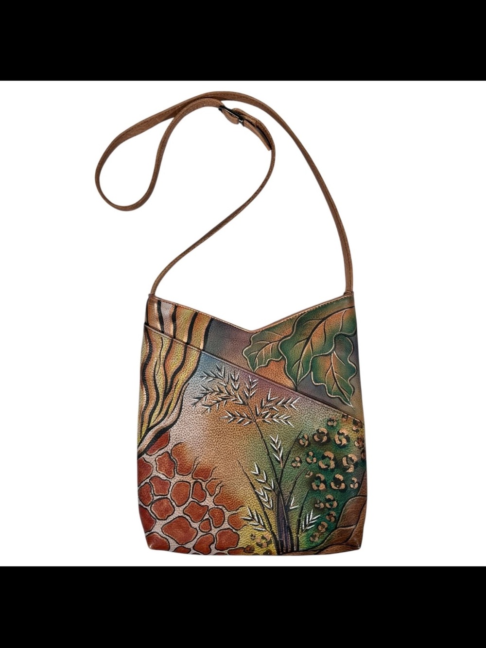 Anuschka Hand-Painted Bag leather vintage animal print Crossbody-3 pocket 11x10